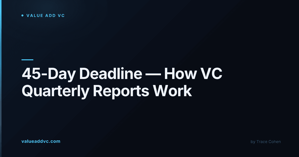 Investor reviewing a venture capital quarterly report with performance charts and capital account statements