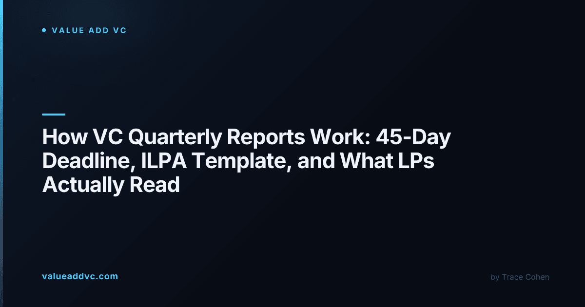 Investor reviewing a venture capital quarterly report with performance charts and capital account statements